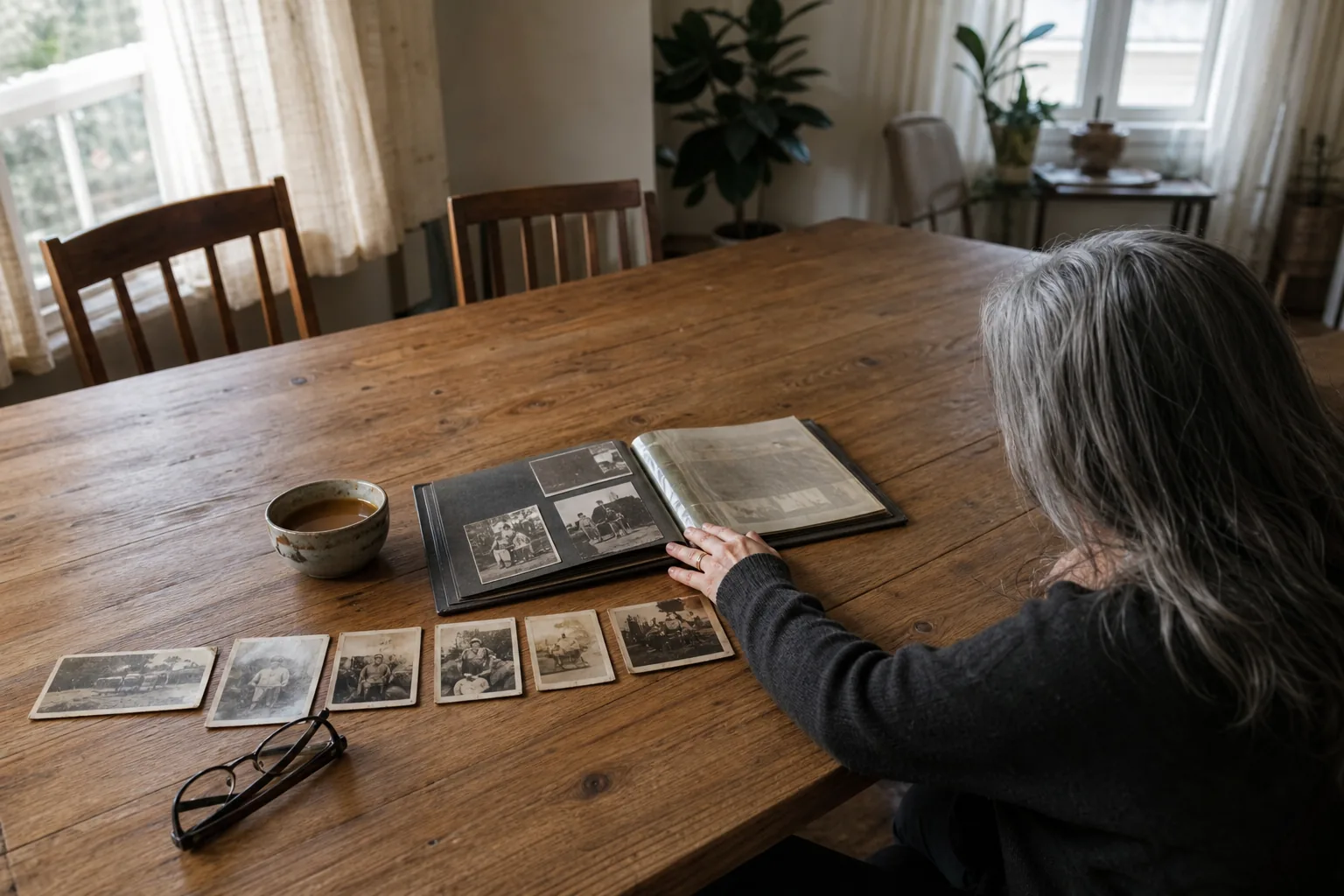 Open photo album and loose old prints laid out on an oak dining table in morning light