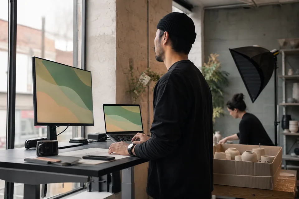 Developer desk with a laptop and an external monitor showing abstract code, a product photo shoot in the background
