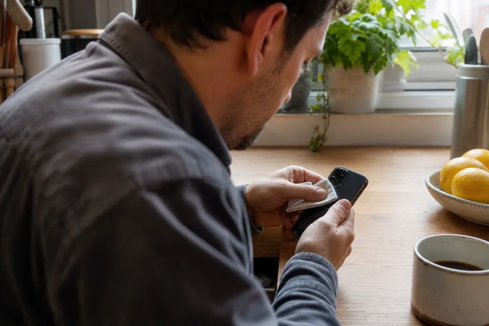 Adult wiping a phone camera lens with a cloth at a kitchen counter