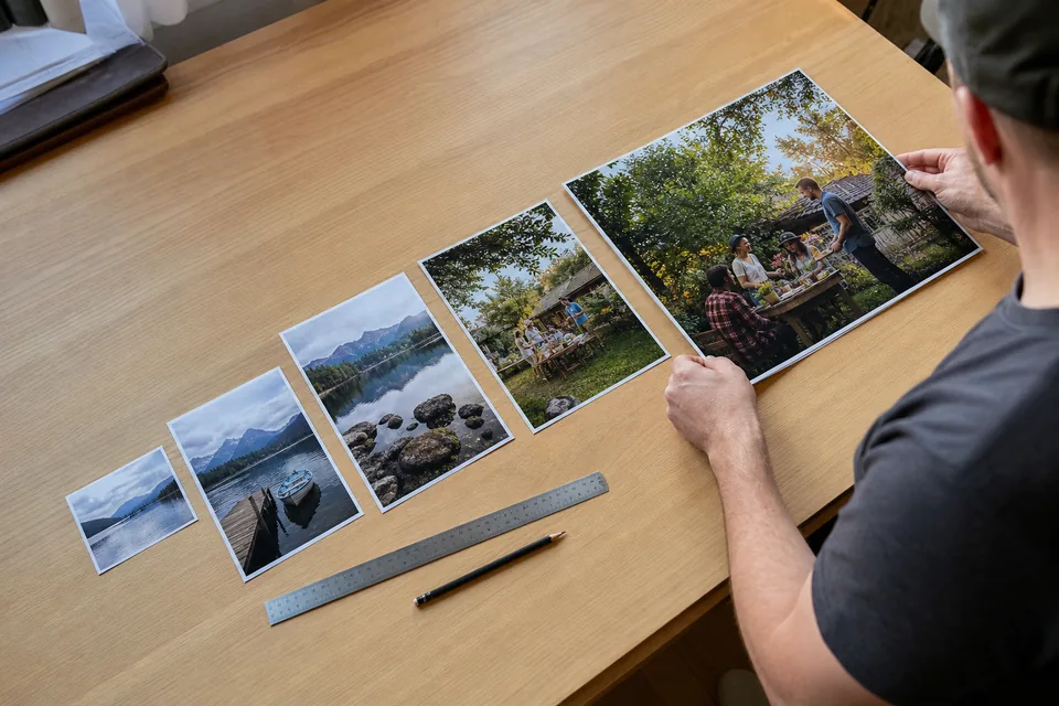 Photo prints of several sizes laid out on a table with a ruler