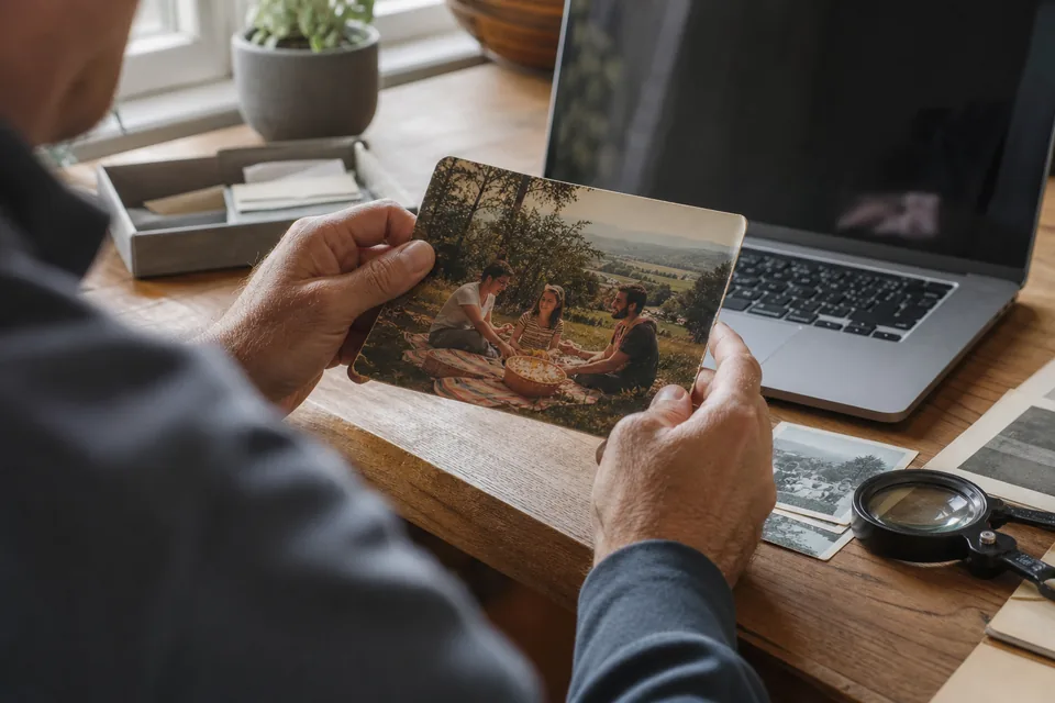 Hands holding a slightly blurry printed photo next to a laptop on a wooden desk by a window