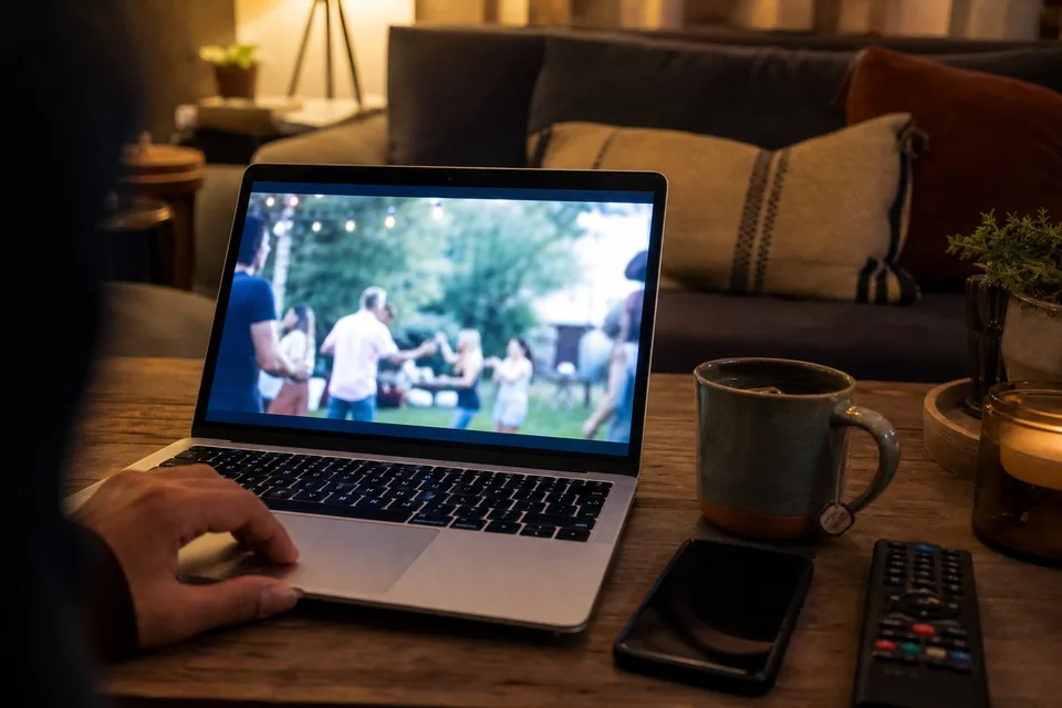 Laptop on a living room coffee table paused on a home video frame of a backyard party, a phone beside it