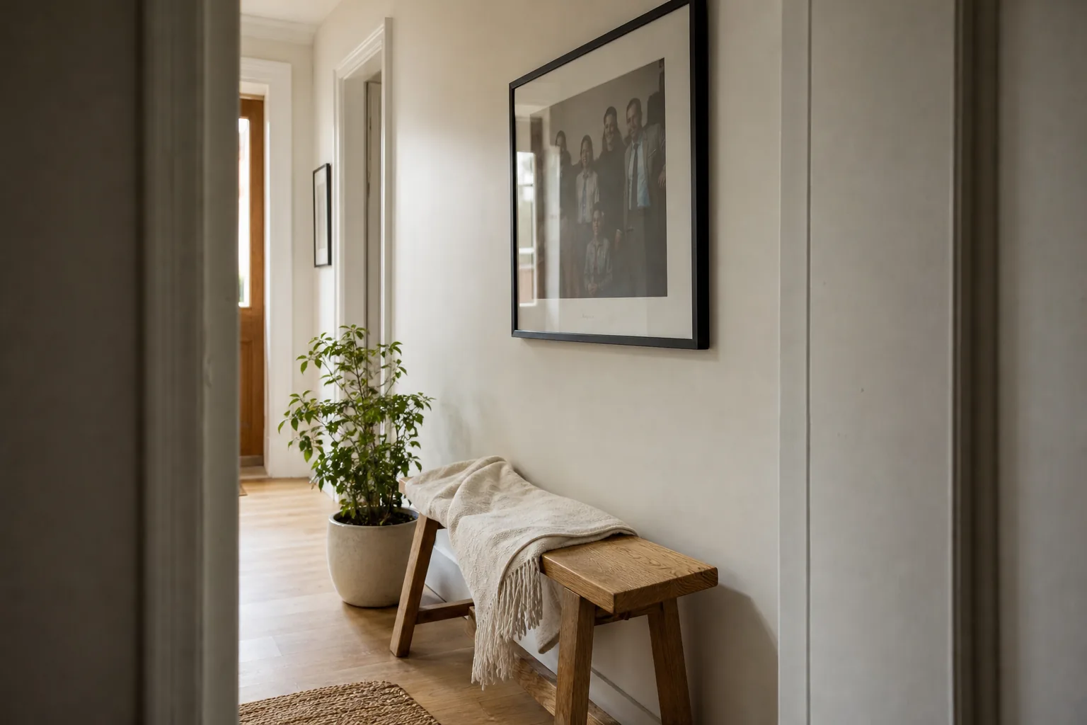 Large framed family print on a white hallway wall above a bench