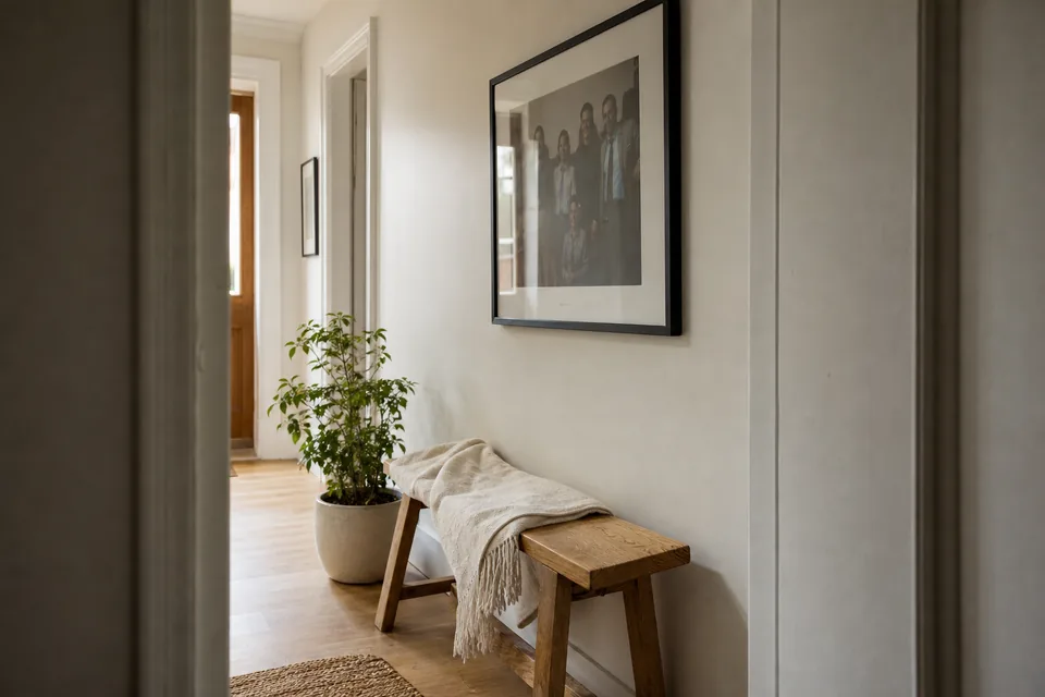 Large framed family print on a white hallway wall above a bench