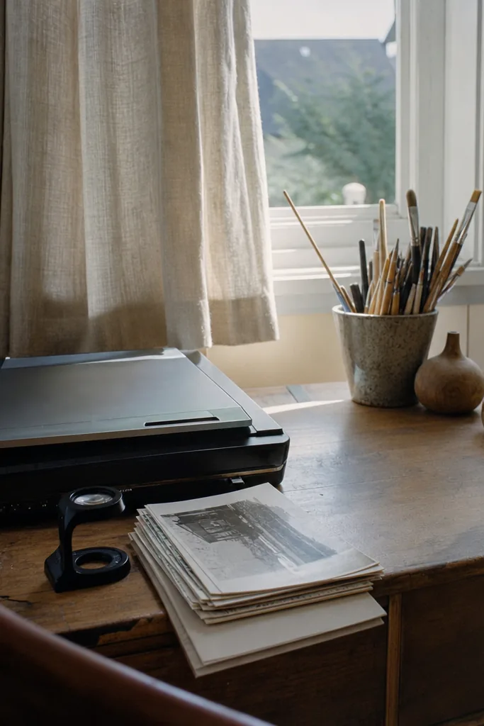 Desk by a window with a scanner, a loupe and a stack of old prints