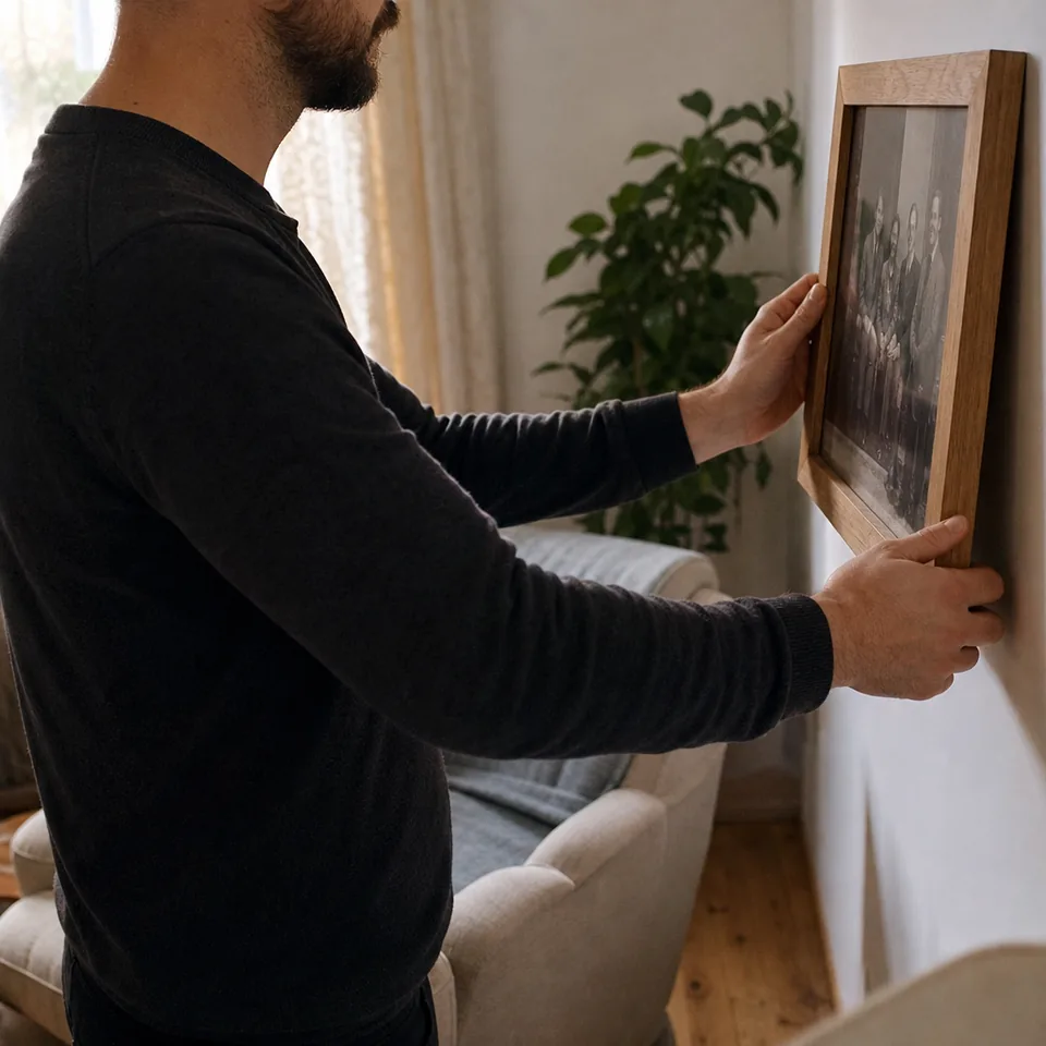 Hands hanging a freshly framed restored family photo on a white living room wall