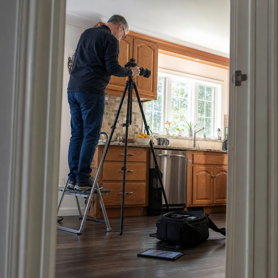 Bright empty kitchen with oak cabinets prepared for a listing photo