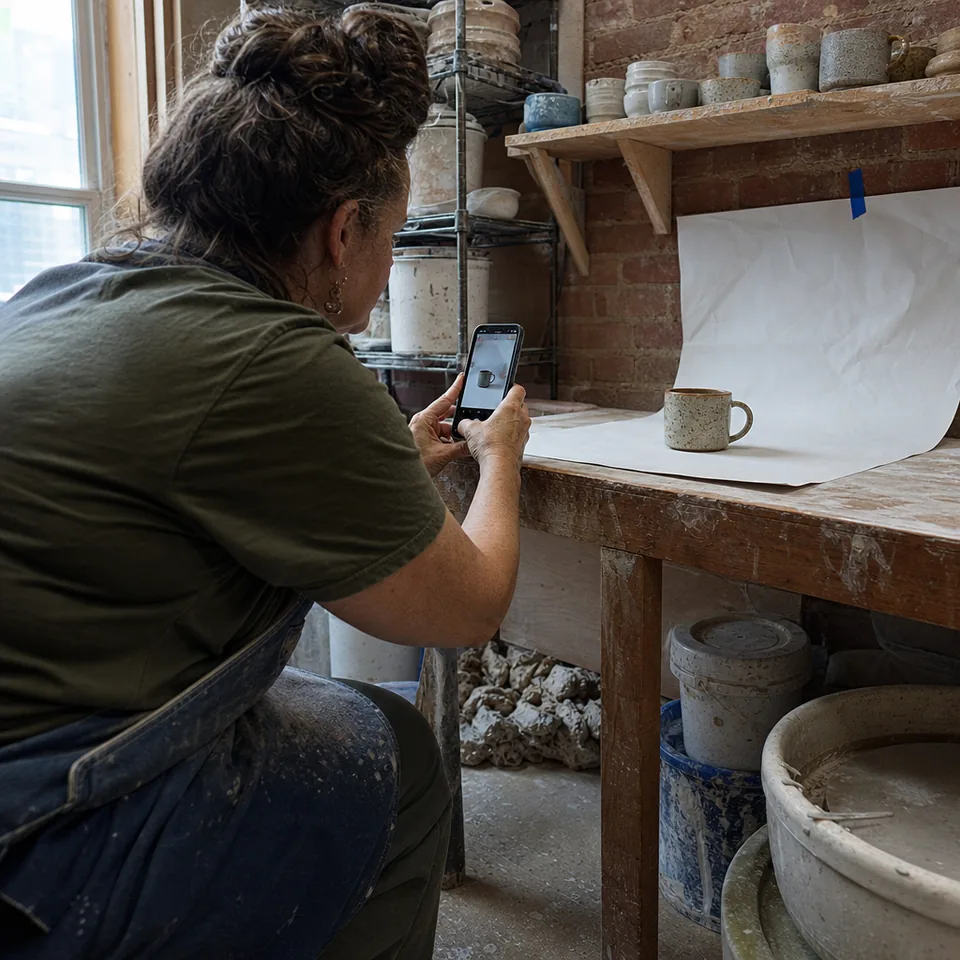 Seller photographing a ceramic mug on a seamless table with a phone