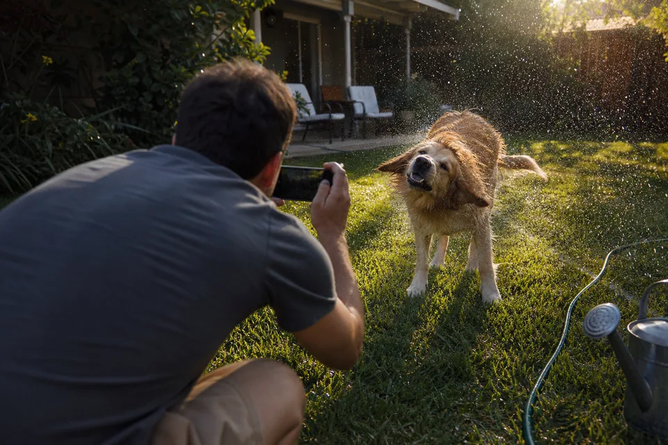 Wet dog shaking off water on a garden lawn while an adult photographs it with a phone